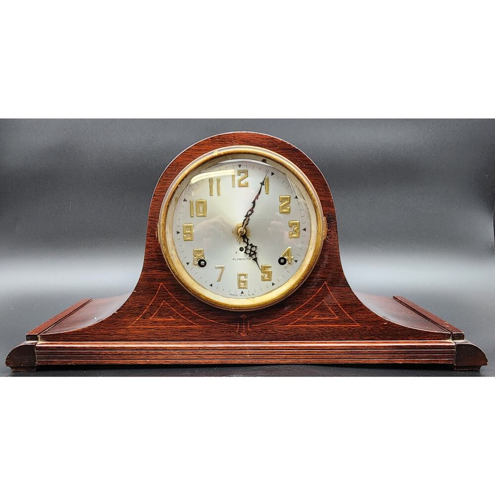 Vintage Plymouth 8‑Day Mantel Clock Wood Case w/ Key & Pendulum – Works/Chimes